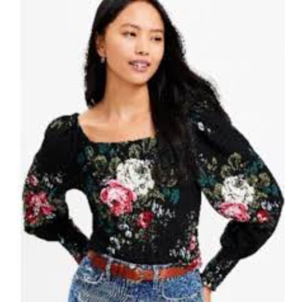 Loft Black Floral Rose Print Peasant Blouse Long Sleeve Smocked Cuff Top Small